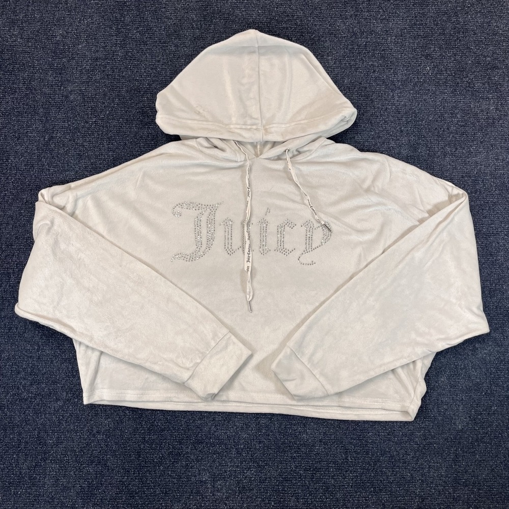 Juicy Couture Hoodie Womens Large Velour Rhinestone Crop Pullover Sleepwear